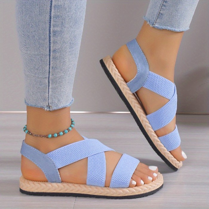 Women'S Casual Flat Heel Round Toe Ankle Strap Slip-on Sandals, Soft Sole, Lightweight, Summer Beach Shoes