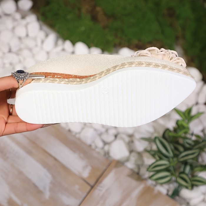 Women's Beige Espadrille Wedge Shoes with Floral Accent - Non-Slip, Lightweight PU Sole, Comfortable PVC Inner Lining, Fashionable Pointed Toe Design, Cute Shoes