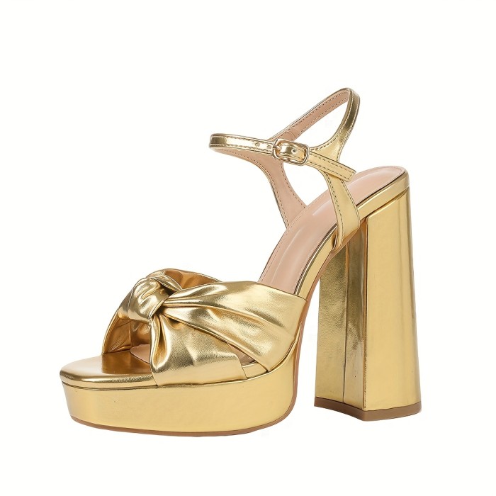 Women Bow High Heeled Sandals Chunky Heeled Wedding Shoes Open Toe Ankle Buckle Strap Sandals