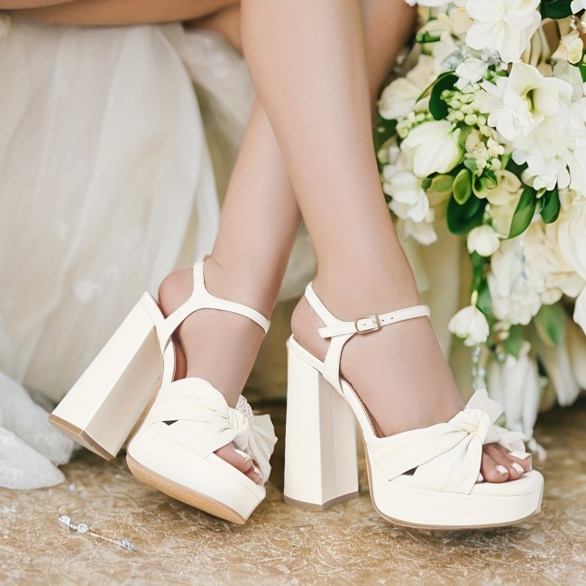 Women Bow High Heeled Sandals Chunky Heeled Wedding Shoes Open Toe Ankle Buckle Strap Sandals
