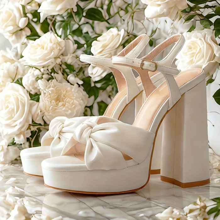Women Bow High Heeled Sandals Chunky Heeled Wedding Shoes Open Toe Ankle Buckle Strap Sandals