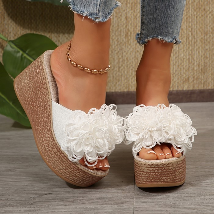 Elegant Floral Embellished Wedge Sandals for Women, Summer Open Toe Slip-On Platform Heels with Fabric Upper and Faux Sole, Strappy Sandals
