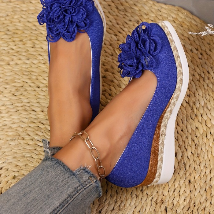Women's Beige Espadrille Wedge Shoes with Floral Accent - Non-Slip, Lightweight PU Sole, Comfortable PVC Inner Lining, Fashionable Pointed Toe Design, Cute Shoes