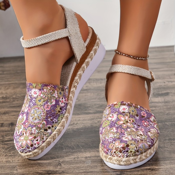 Women's Floral Espadrille Wedge Sandals - Breathable Summer Ankle Strap Shoes with Beige & Purple Floral Pattern, Closed Toe, and Comfortable PU Sole, Summer Footwear | Floral Wedge Sandals | Woven Fabric Upper, Strappy Sandals