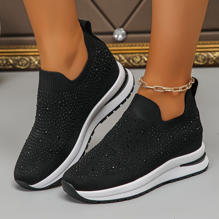Rhinestone Wedge Sneakers Thick-Soled Wedge Sneakers - Breathable Women's Slip-On with Rhinestone Decoration