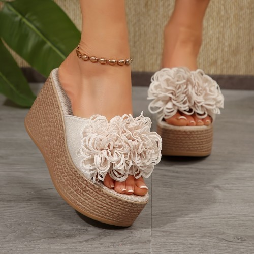 Elegant Floral Embellished Wedge Sandals for Women, Summer Open Toe Slip-On Platform Heels with Fabric Upper and Faux Sole, Strappy Sandals
