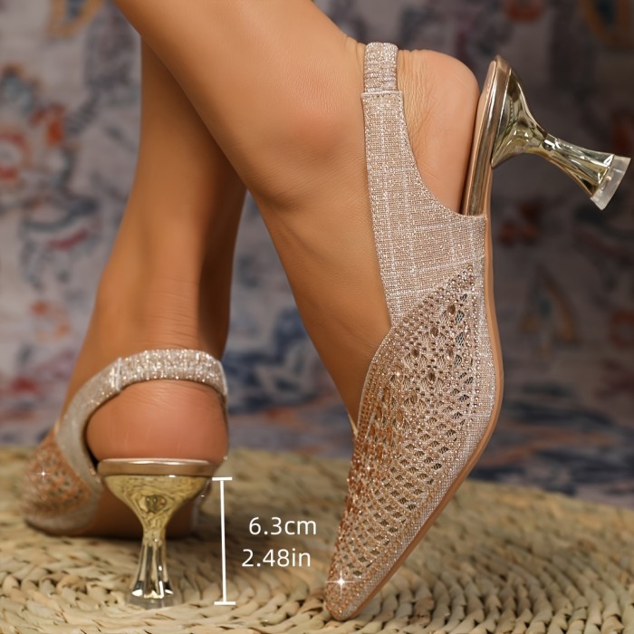 Women's Elegant Rhinestone Comfortable High Heel Glitter Hollow Back Strap Wedding Shoes