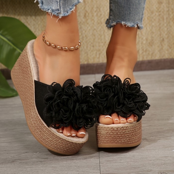 Elegant Floral Embellished Wedge Sandals for Women, Summer Open Toe Slip-On Platform Heels with Fabric Upper and Faux Sole, Strappy Sandals