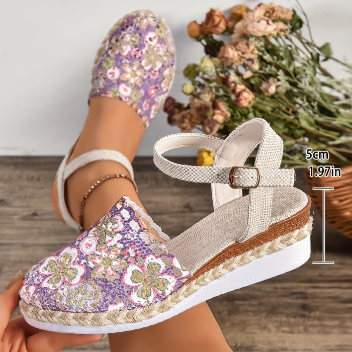 Women's Floral Espadrille Wedge Sandals - Breathable Summer Ankle Strap Shoes with Beige & Purple Floral Pattern, Closed Toe, and Comfortable PU Sole, Summer Footwear | Floral Wedge Sandals | Woven Fabric Upper, Strappy Sandals