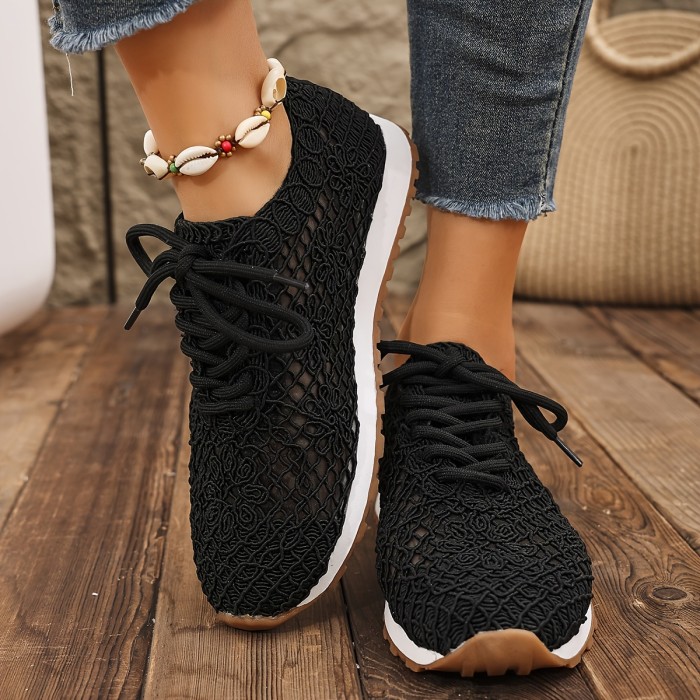 Summer Mesh Casual Shoes Breathable Summer Mesh Shoes - Women's Solid Color Lace-Up Casual Shoes with Rubber Sole, Net Fabric