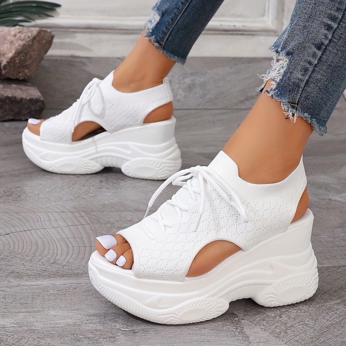 Summer Platform High-Heel Sandals Women's Summer Platform Wedge Sandals, Breathable Knit Elastic Upper, Open Toe Tie-Up Comfort Sandals, Versatile Soft Sole High-Heel Casual Shoes