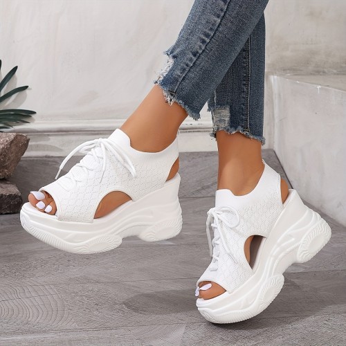 Summer Platform High-Heel Sandals Women's Summer Platform Wedge Sandals, Breathable Knit Elastic Upper, Open Toe Tie-Up Comfort Sandals, Versatile Soft Sole High-Heel Casual Shoes