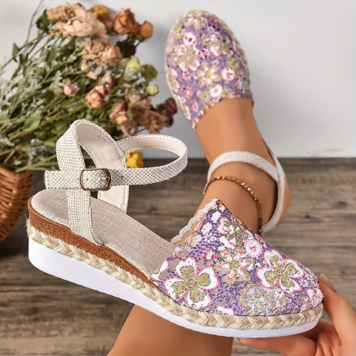 Women's Floral Espadrille Wedge Sandals - Breathable Summer Ankle Strap Shoes with Beige & Purple Floral Pattern, Closed Toe, and Comfortable PU Sole, Summer Footwear | Floral Wedge Sandals | Woven Fabric Upper, Strappy Sandals