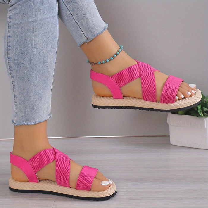 Women'S Casual Flat Heel Round Toe Ankle Strap Slip-on Sandals, Soft Sole, Lightweight, Summer Beach Shoes