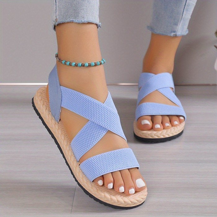 Women'S Casual Flat Heel Round Toe Ankle Strap Slip-on Sandals, Soft Sole, Lightweight, Summer Beach Shoes