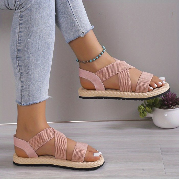 Women'S Casual Flat Heel Round Toe Ankle Strap Slip-on Sandals, Soft Sole, Lightweight, Summer Beach Shoes