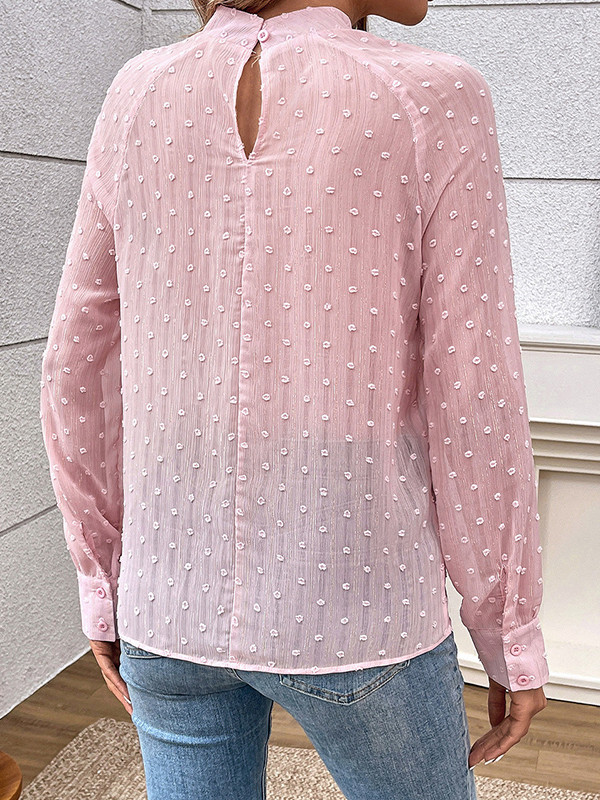 Long Sleeves Loose Buttoned Hollow Jacquard Solid Color Mock Neck Blouses&Shirts Tops