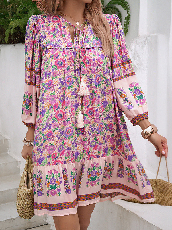 A-Line Loose Contrast Color Drawstring Flower Print Pleated Split-Joint V-Neck Mini Dresses