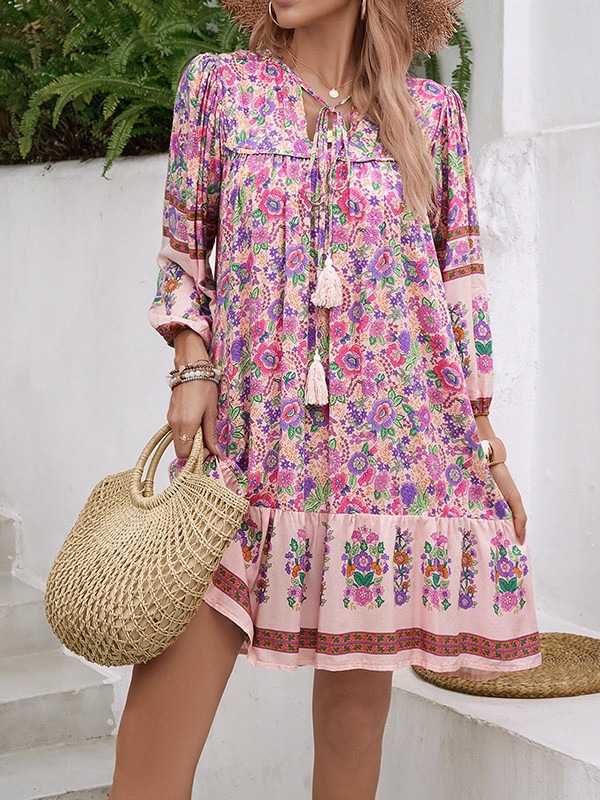 A-Line Loose Contrast Color Drawstring Flower Print Pleated Split-Joint V-Neck Mini Dresses