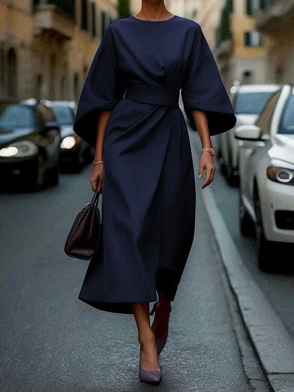 Loose Puff Sleeves Pleated Solid Color Split-Joint Round-Neck Midi Dresses