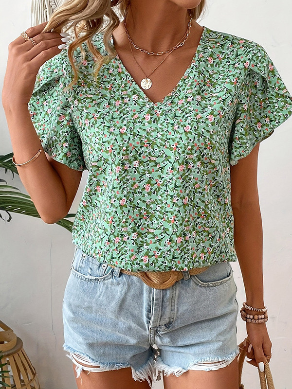 Loose Puff Sleeves Flower Print V-Neck Blouses&Shirts Tops