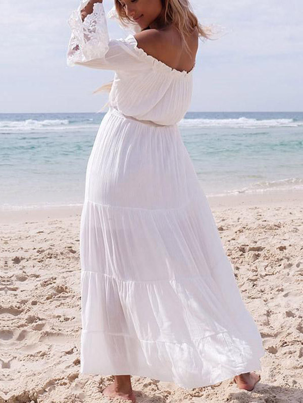 High Waisted Loose Pleated Solid Color Split-Joint Off-The-Shoulder Maxi Dresses