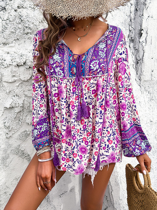 Long Sleeves Loose Contrast Color Elasticity Pleated Split-Joint Tied V-Neck Blouses&Shirts Tops