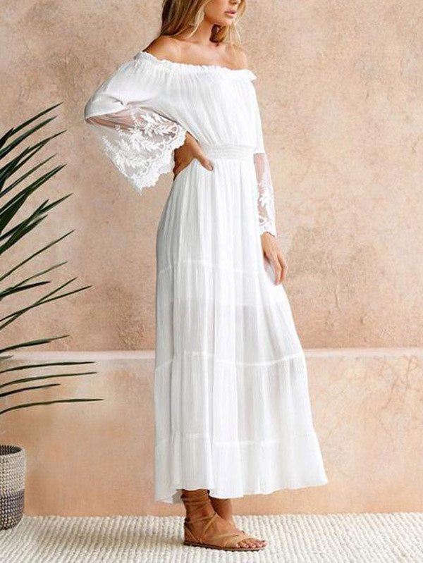 High Waisted Loose Pleated Solid Color Split-Joint Off-The-Shoulder Maxi Dresses