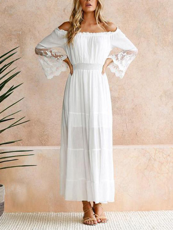 High Waisted Loose Pleated Solid Color Split-Joint Off-The-Shoulder Maxi Dresses