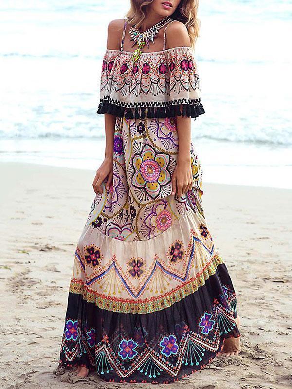 A-Line Loose Elasticity Flower Print Pleated Tasseled Off-The-Shoulder Maxi Dresses