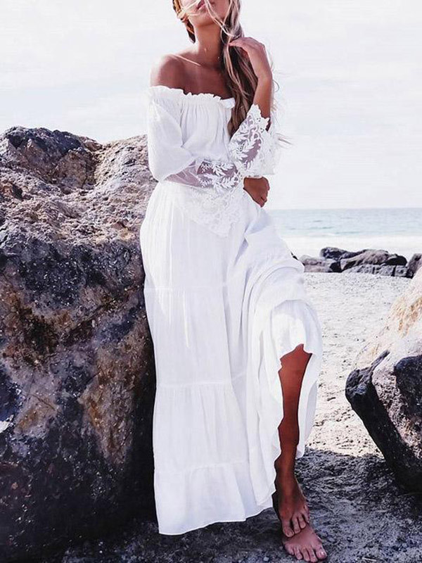 High Waisted Loose Pleated Solid Color Split-Joint Off-The-Shoulder Maxi Dresses