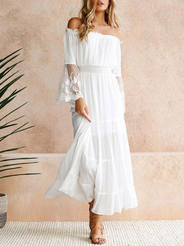 High Waisted Loose Pleated Solid Color Split-Joint Off-The-Shoulder Maxi Dresses