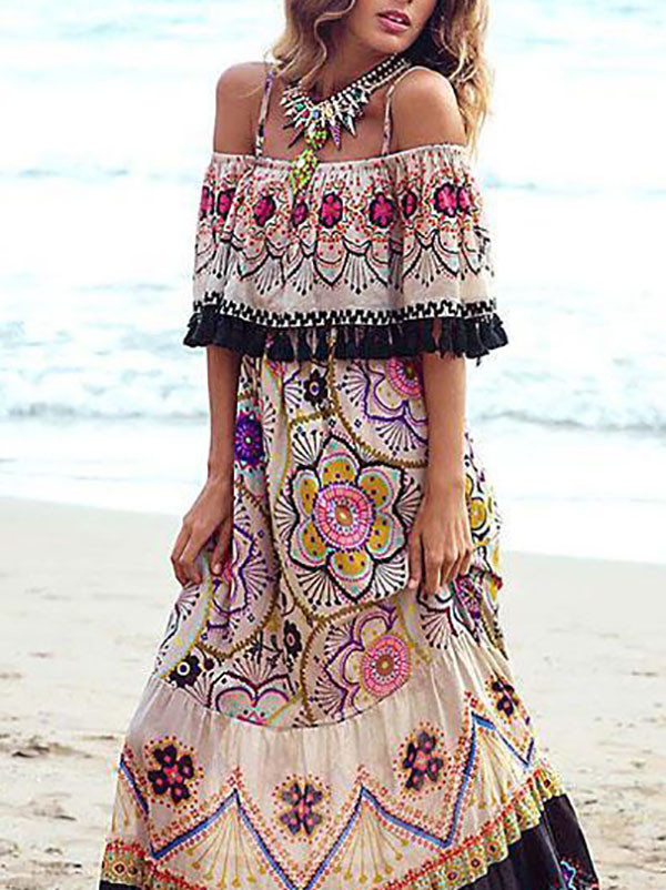 A-Line Loose Elasticity Flower Print Pleated Tasseled Off-The-Shoulder Maxi Dresses