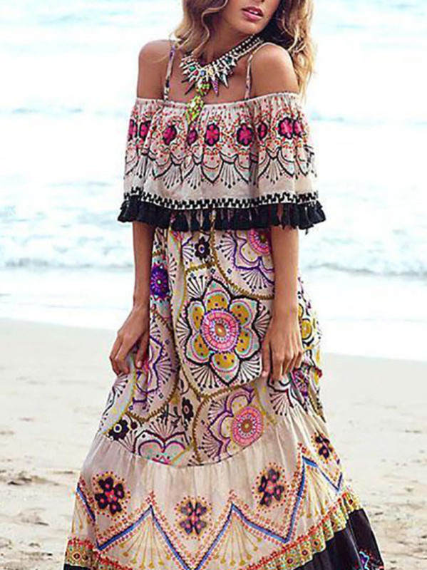 A-Line Loose Elasticity Flower Print Pleated Tasseled Off-The-Shoulder Maxi Dresses