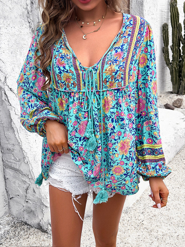 Long Sleeves Loose Contrast Color Elasticity Pleated Split-Joint Tied V-Neck Blouses&Shirts Tops