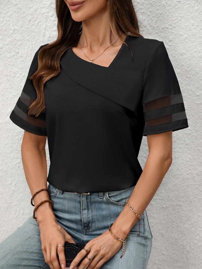Women'S Summer Casual Floral Print Blouse with Mesh Detail - Short Sleeve, Asymmetric Neck, Loose Fit, White Background with Colorful Flowers, Perfect for Casual Attire, Casual Attire Blouse | Floral Print Top | Asymmetric Neckline, Ladies T Shirts