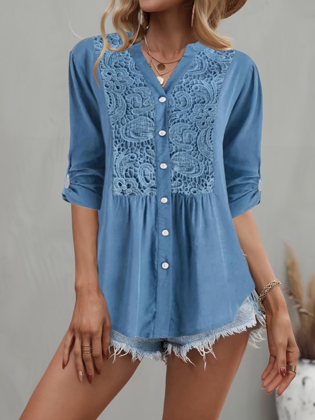 Lace Notched Neck Blouse Lace Splicing Notched Neck Blouse, Vintage Single Breasted Half Sleeve Blouse, Women's Clothing