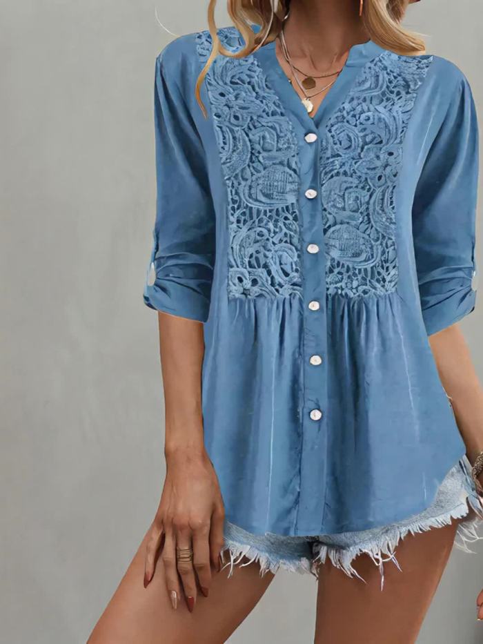 Lace Notched Neck Blouse Lace Splicing Notched Neck Blouse, Vintage Single Breasted Half Sleeve Blouse, Women's Clothing