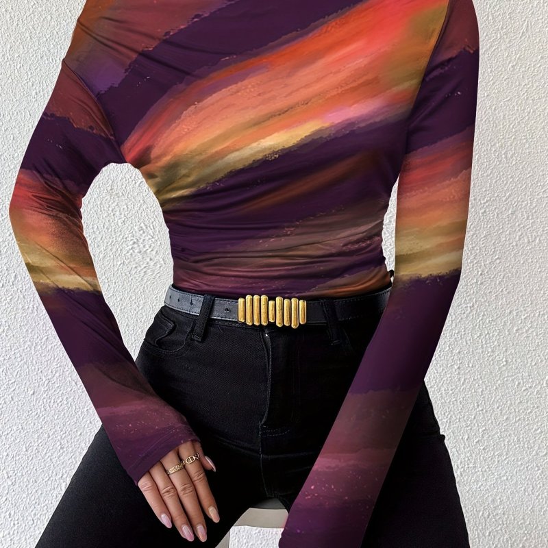 Women'S Marble Gradient Printed Off-Shoulder Fitted Elegant Pleated Long Sleeve T-Shirt