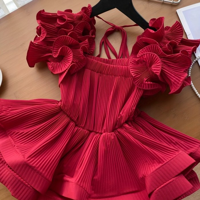 Elegant Off-Shoulder Pleated Blouse with Ruffle Detail - Chic Solid Color, Tie-Waist Design, Perfect for Spring\u002FSummer, Adult Women'S Fashion, Casual Attire|Ruffle Detail Top| Shirting styl