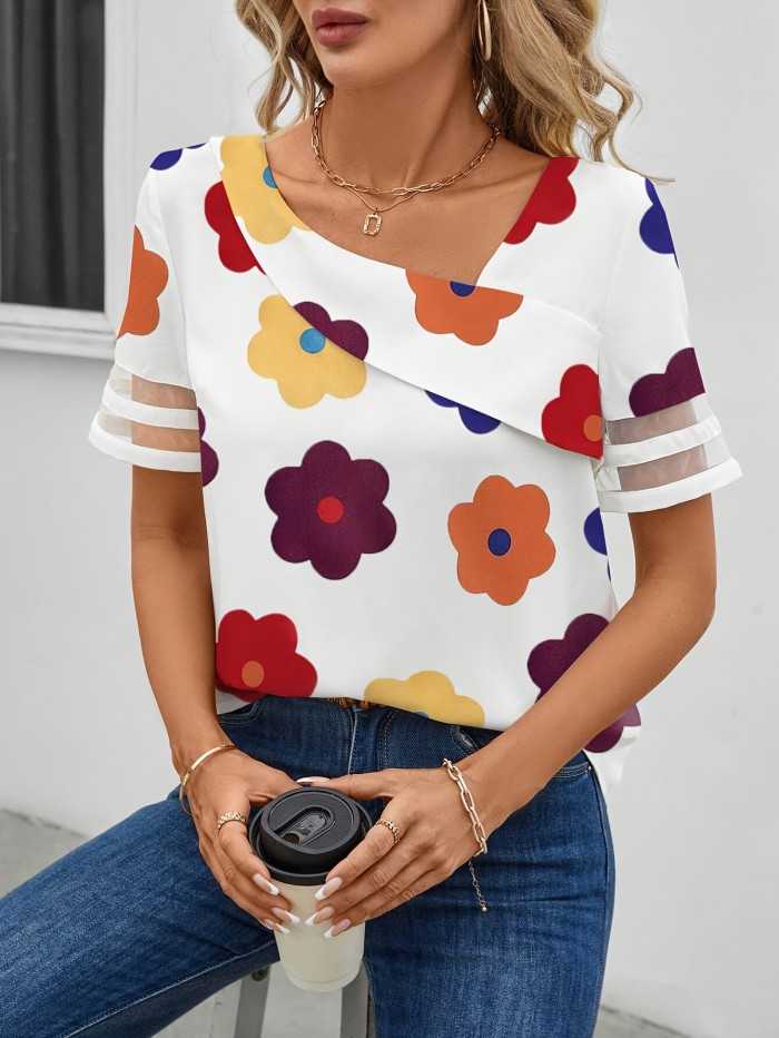 Women'S Summer Casual Floral Print Blouse with Mesh Detail - Short Sleeve, Asymmetric Neck, Loose Fit, White Background with Colorful Flowers, Perfect for Casual Attire, Casual Attire Blouse | Floral Print Top | Asymmetric Neckline, Ladies T Shirts