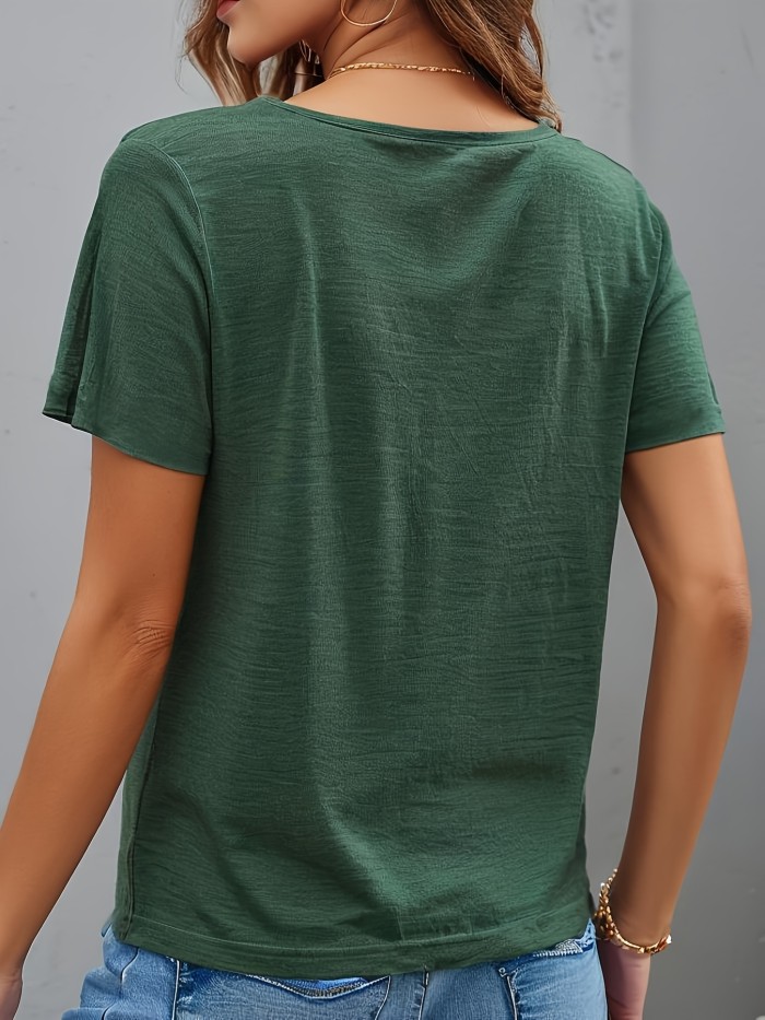 Women'S Summer Casual T-Shirt, Dark Green V-Neck Short Sleeve Top with Contrast Collar Detail, Soft Fabric, Relaxed Fit for Casual Attire, Ladies T Shirts