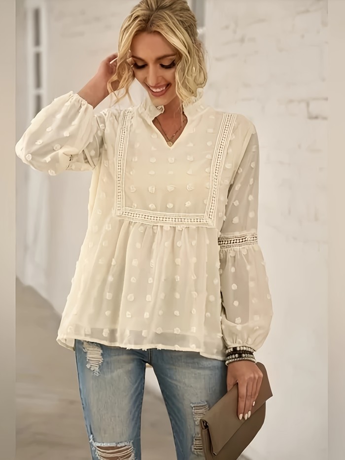 Jacquard | Lace Popular Jacquard Loose-Fitting Long-Sleeve Women's Top | Casual Patchwork Lace