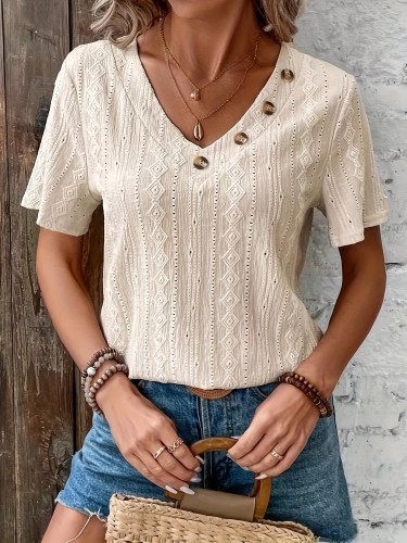 Textured Fake Buttons Blouse, Elegant Short Sleeve Textured Blouse Top For Spring & Summer, Women's Clothing