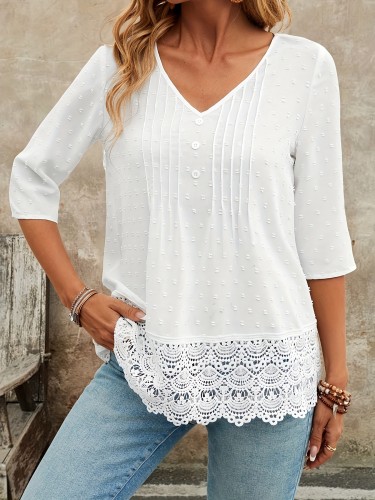 Women's Elegant V-Neck Blouse - Contrast Lace, Half Sleeves, Textured Fabric, Casual Chic Loose Fit for Daily Wear