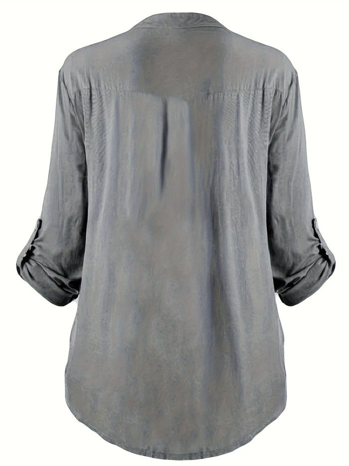 Lace Notched Neck Blouse Lace Splicing Notched Neck Blouse, Vintage Single Breasted Half Sleeve Blouse, Women's Clothing