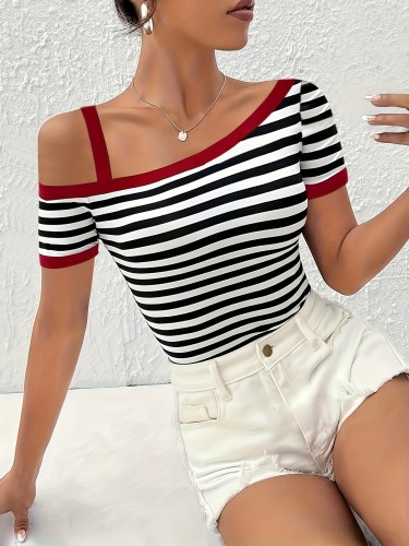 Women'S Summer Off-Shoulder Striped Top - Elegant Color Block Design, Short Sleeve, Casual White Shorts, Casual Attire|Striped Top|Color Block Top