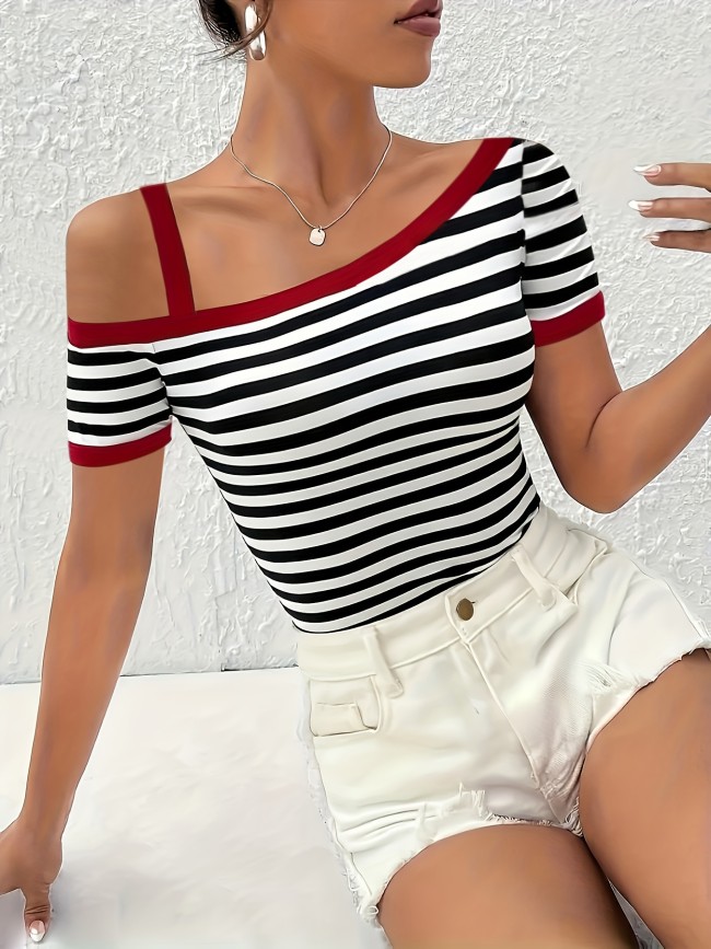 Women'S Summer Off-Shoulder Striped Top - Elegant Color Block Design, Short Sleeve, Casual White Shorts, Casual Attire|Striped Top|Color Block Top