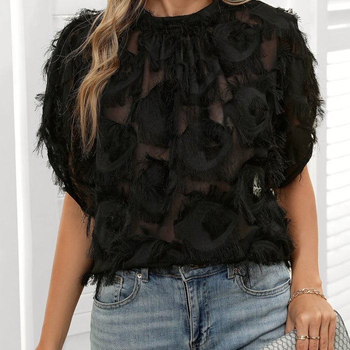 Women's Elegant Sheer Textured Batwing Sleeve Blouse - Black, Round Neck, Loose Fit for Spring\u002FSummer, Polyester, Machine Washable