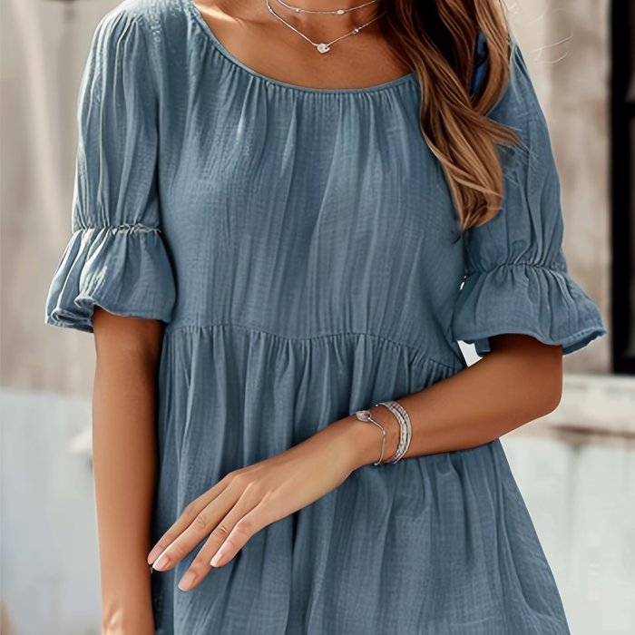 Loose Round-Neck Solid Color Top with Ruffled Sleeves